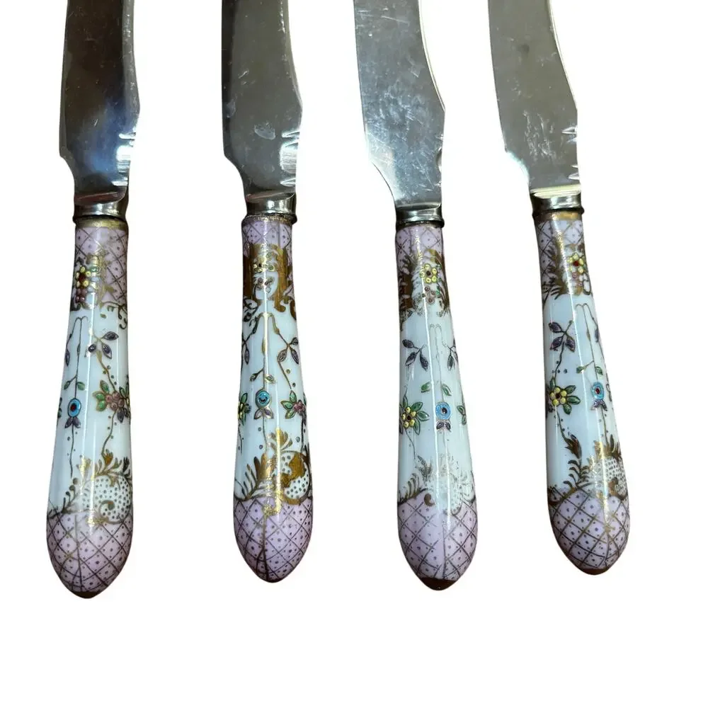 Vintage Hand Painted Pink Porcelain Handle Sheffield stainless steel knives (4)